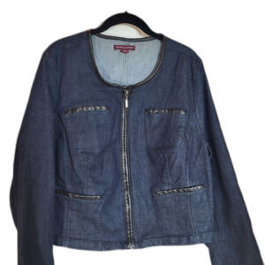 Jessica London Dark Blue Jean Jacket with Black Trim - Size 16